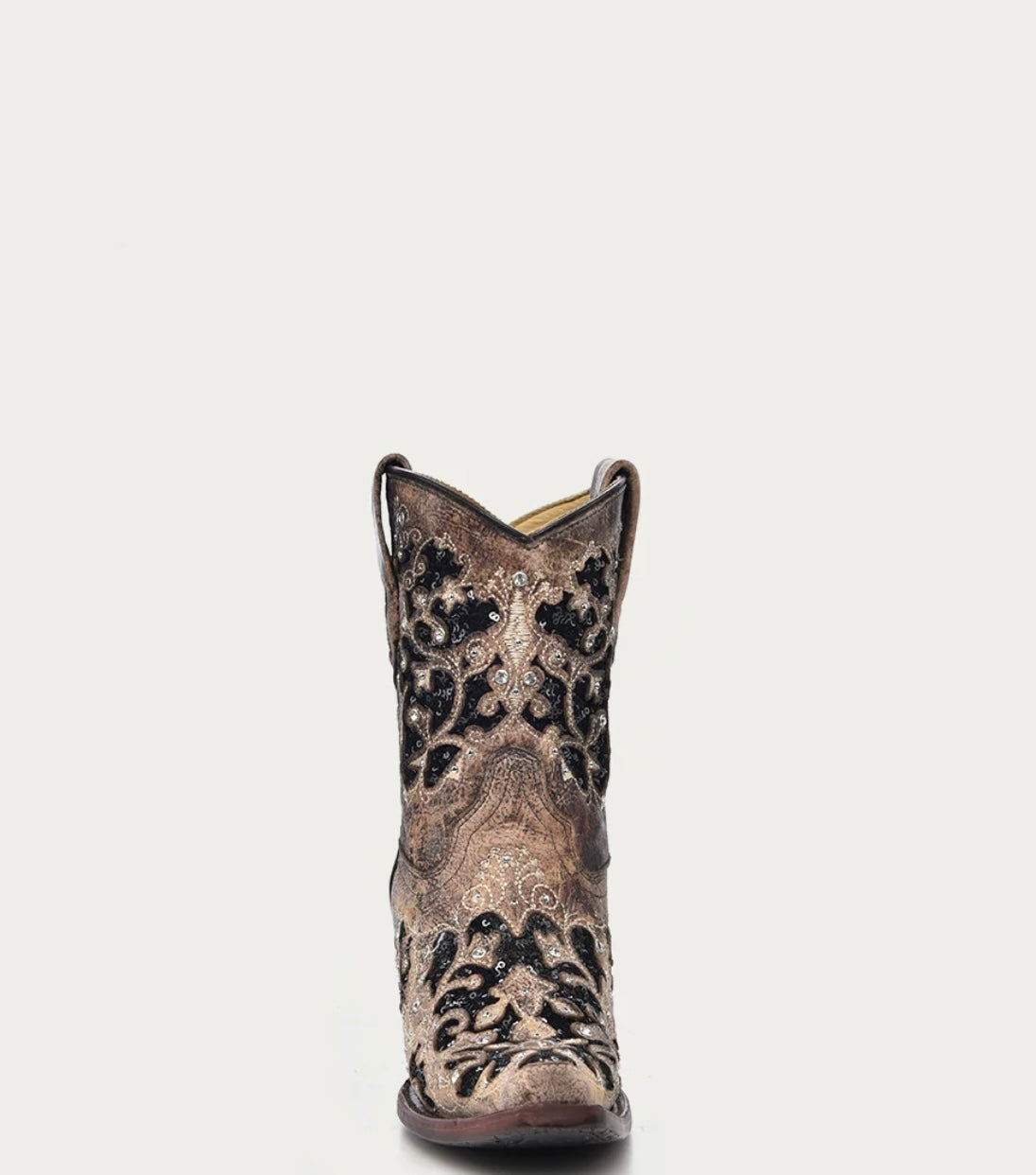 A4190 - WOMEN'S BLACK GLITTER INLAY FLORAL OVERLAY WITH CRYSTALS AND STUDS SNIP TOE BROWN ANKLE BOOT