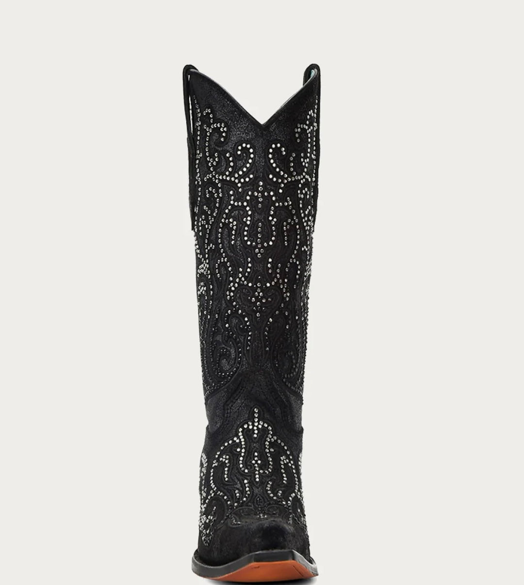 C4100 - WOMEN'S BLACK OVERLAY WITH CRYSTALS TALL TOP SNIP TOE COWBOY BOOT