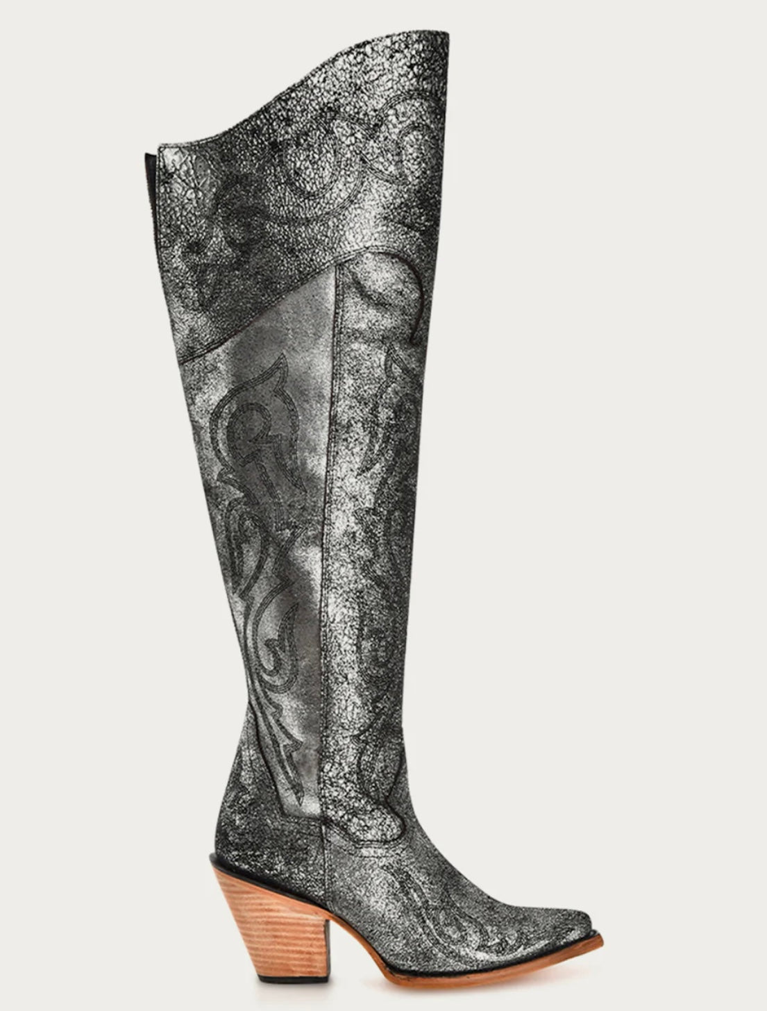 Z5245 - WOMEN'S OLD-SILVER METALLIZED EMBROIDERY SCRUNCHABLE TALL TOP POINTED TOE COWBOY BOOT