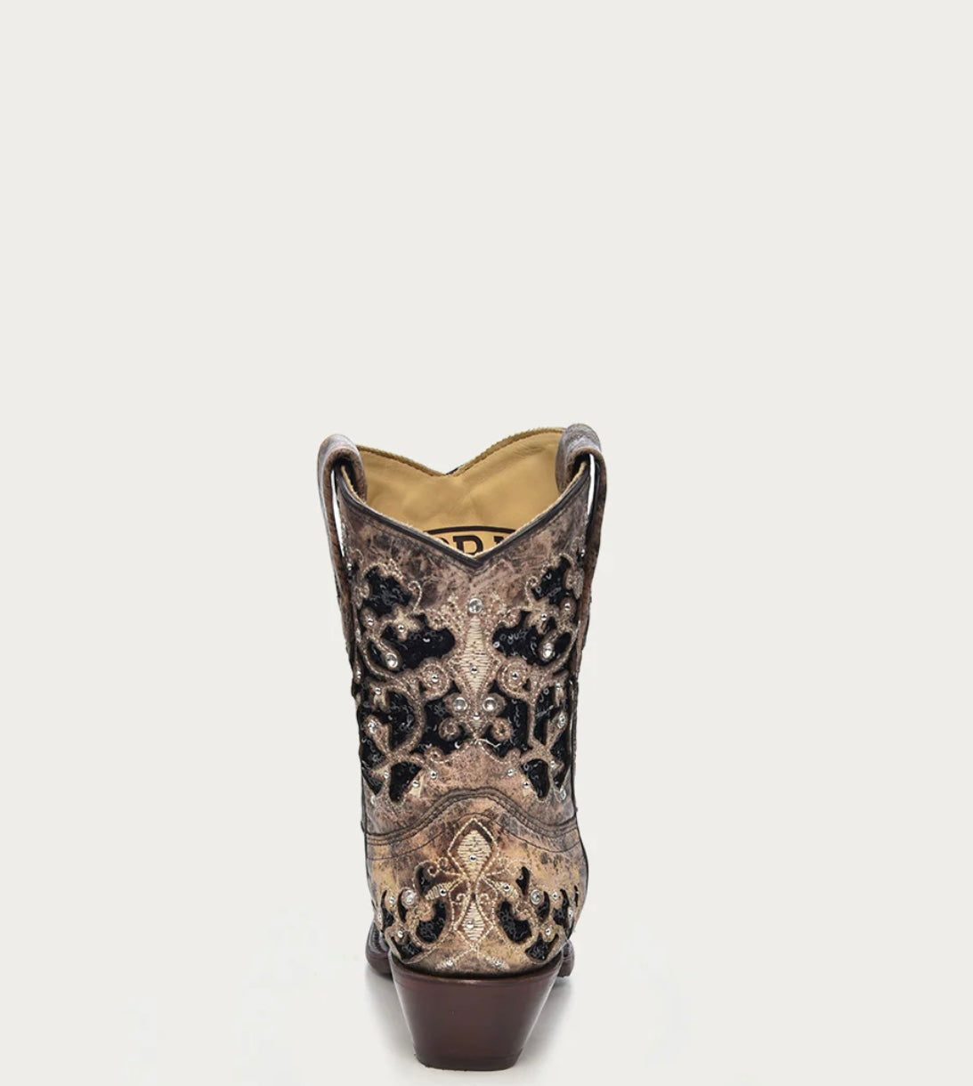 A4190 - WOMEN'S BLACK GLITTER INLAY FLORAL OVERLAY WITH CRYSTALS AND STUDS SNIP TOE BROWN ANKLE BOOT