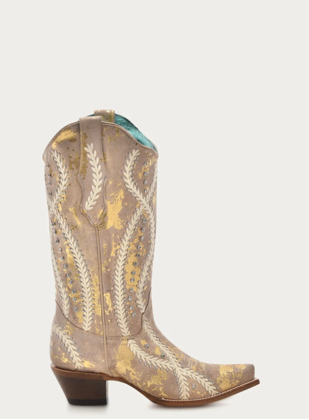 Z5246 - WOMEN'S WHITE EMBROIDERY WITH CRYSTALS AND STUDS TAN WITH GOLD TOUCHES SNIP TOE COWBOY BOOT