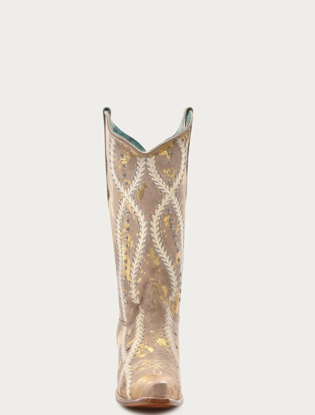 Z5246 - WOMEN'S WHITE EMBROIDERY WITH CRYSTALS AND STUDS TAN WITH GOLD TOUCHES SNIP TOE COWBOY BOOT