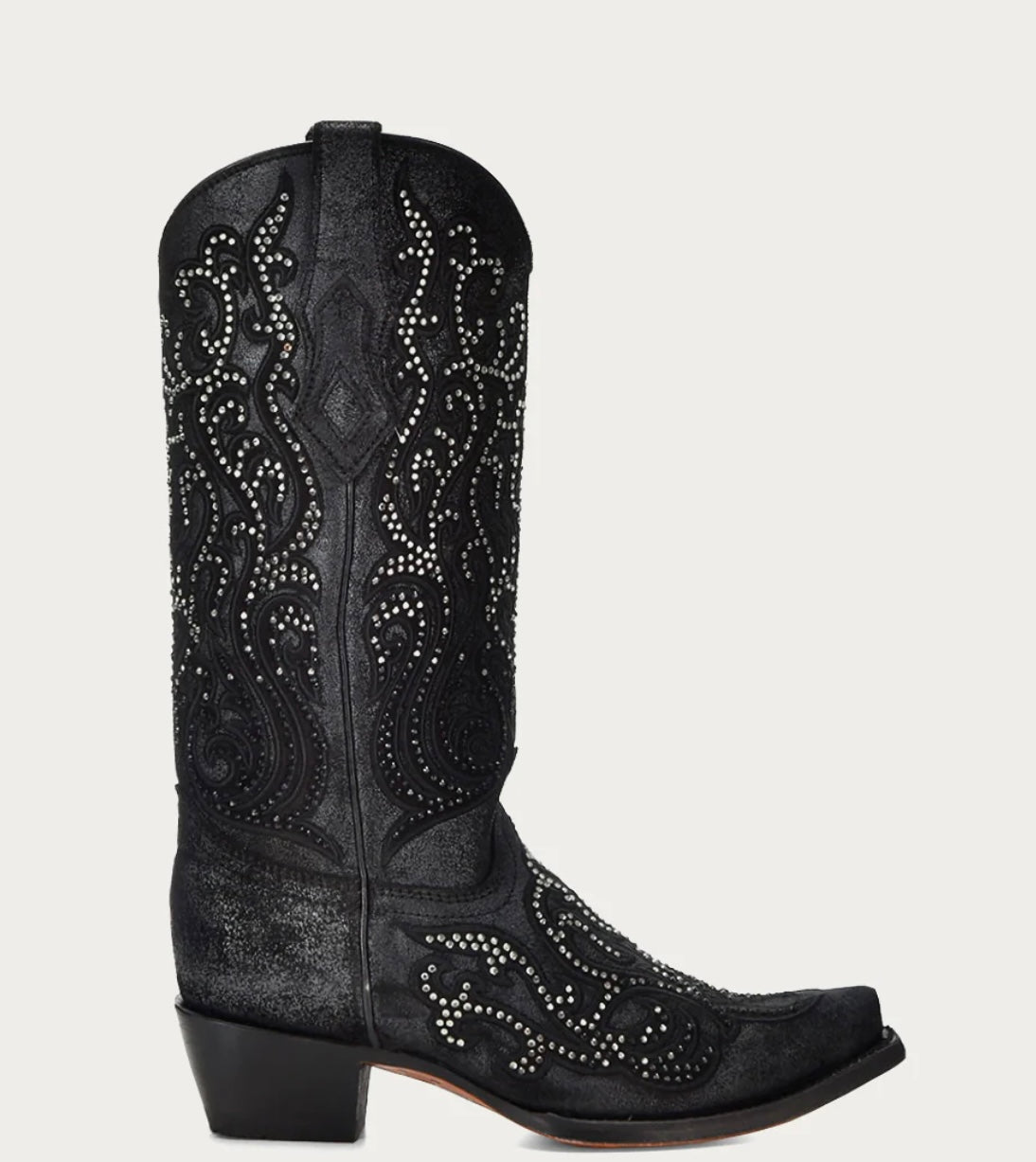 C4100 - WOMEN'S BLACK OVERLAY WITH CRYSTALS TALL TOP SNIP TOE COWBOY BOOT