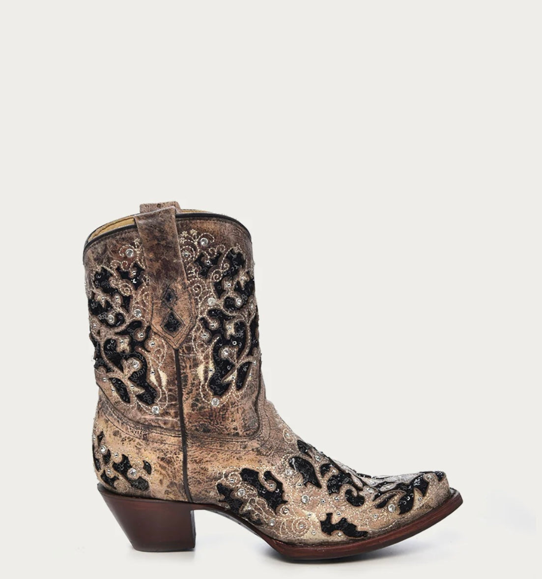 A4190 - WOMEN'S BLACK GLITTER INLAY FLORAL OVERLAY WITH CRYSTALS AND STUDS SNIP TOE BROWN ANKLE BOOT