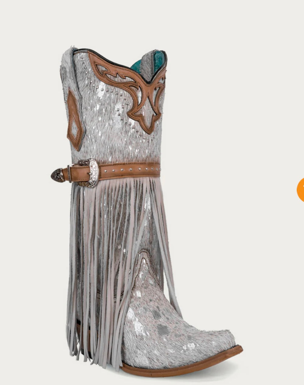 WOMENN’S LAMB FRINGE HARNESS AND STUDS SNIP TOE WHITE FUR COWBOY BOOT