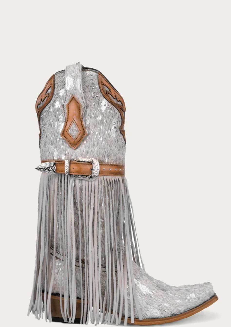 WOMENN’S LAMB FRINGE HARNESS AND STUDS SNIP TOE WHITE FUR COWBOY BOOT