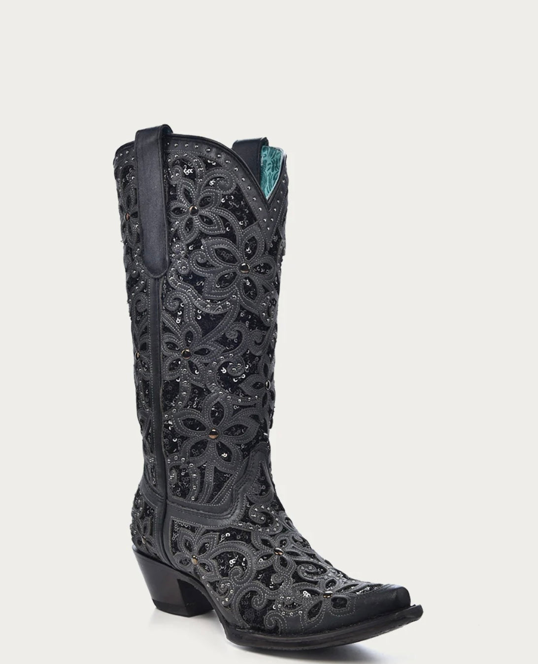 A3752 - WOMEN'S BLACK GLITTER INLAY FLORAL OVERLAY WITH CRYSTALS AND STUDS SNIP TOE BLACK COWBOY BOOT