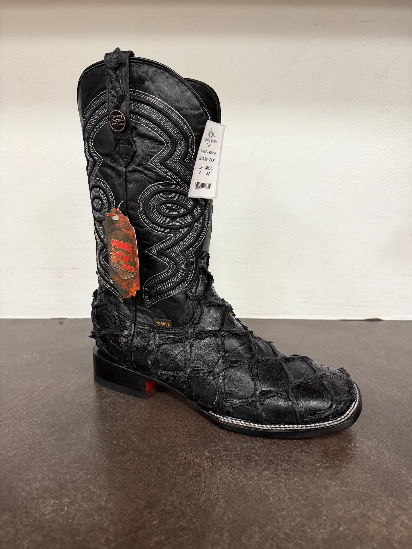 MIDNIGHT EMBER MATTE BLACK PIRARUCU LEATHER BOOT - SQAURE TOW