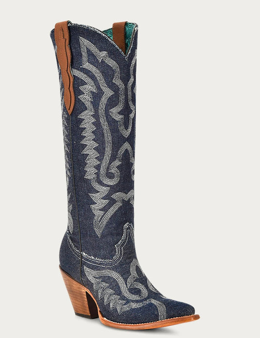 Z5226 - WOMEN'S WHITE EMBROIDERY DENIM TALL TOP POINTED TOE COWBOY BOOT