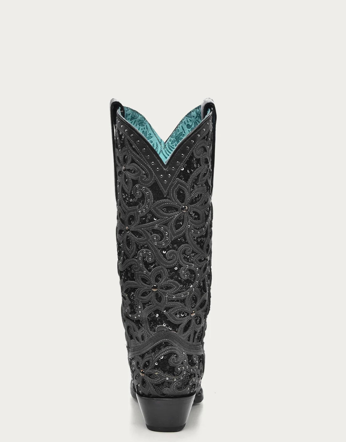 A3752 - WOMEN'S BLACK GLITTER INLAY FLORAL OVERLAY WITH CRYSTALS AND STUDS SNIP TOE BLACK COWBOY BOOT