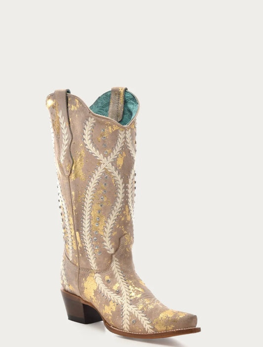 Z5246 - WOMEN'S WHITE EMBROIDERY WITH CRYSTALS AND STUDS TAN WITH GOLD TOUCHES SNIP TOE COWBOY BOOT