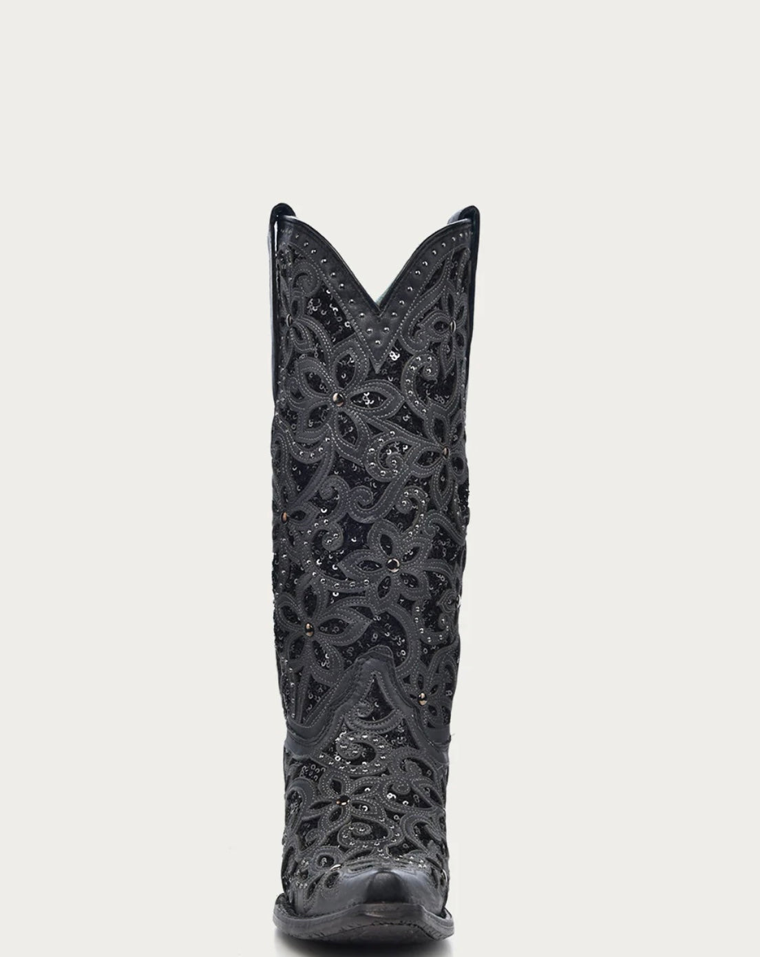 A3752 - WOMEN'S BLACK GLITTER INLAY FLORAL OVERLAY WITH CRYSTALS AND STUDS SNIP TOE BLACK COWBOY BOOT