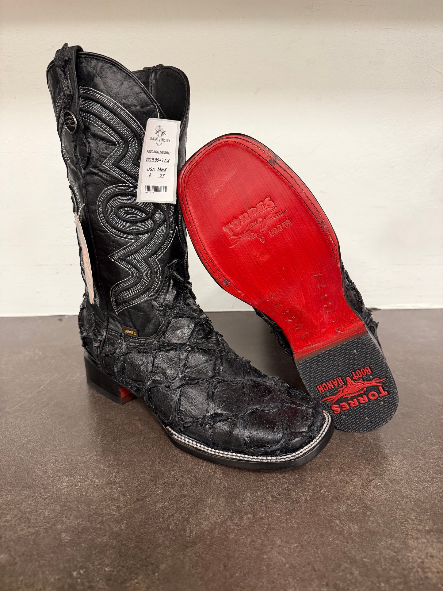 MIDNIGHT EMBER MATTE BLACK PIRARUCU LEATHER BOOT - SQAURE TOW