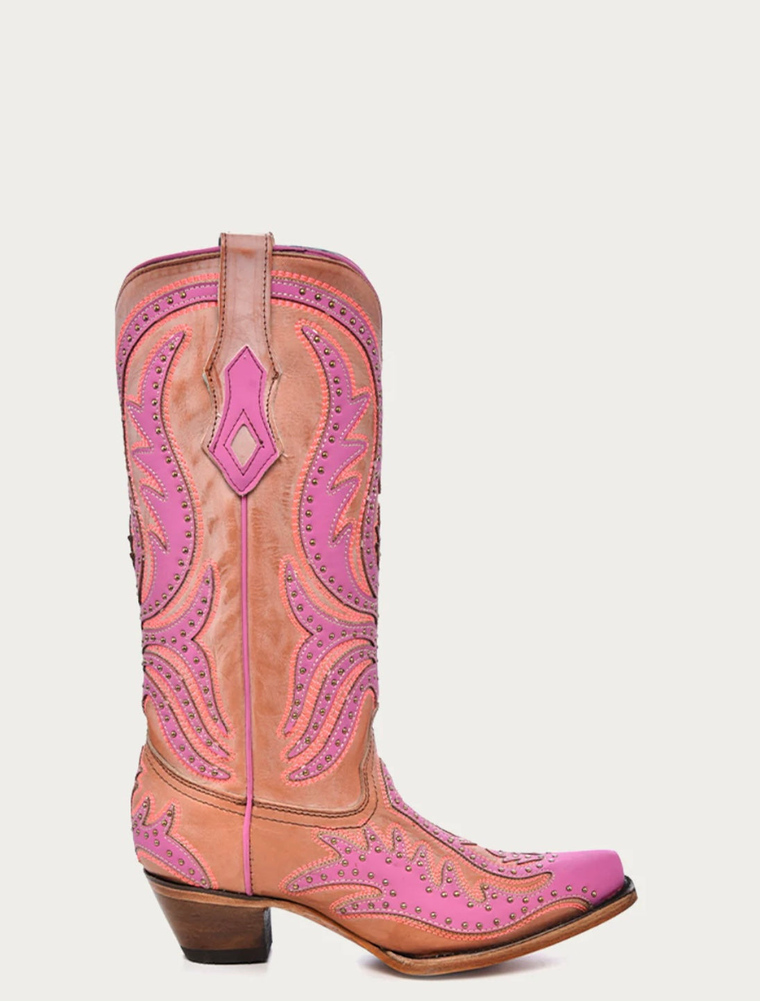 C3970 - WOMEN'S PINK FLOURESCENT EMBROIDERY AND STUDS SNIP TOE COWBOY BOOT