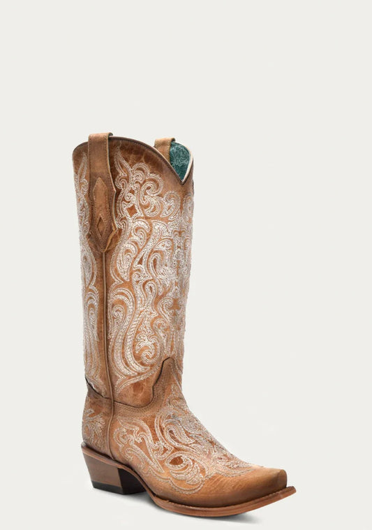 C4144 - WOMEN'S BLUE LUMINESCENT EMBROIDERY CRACKLED STRAW SNIP TOE COWBOY BOOT