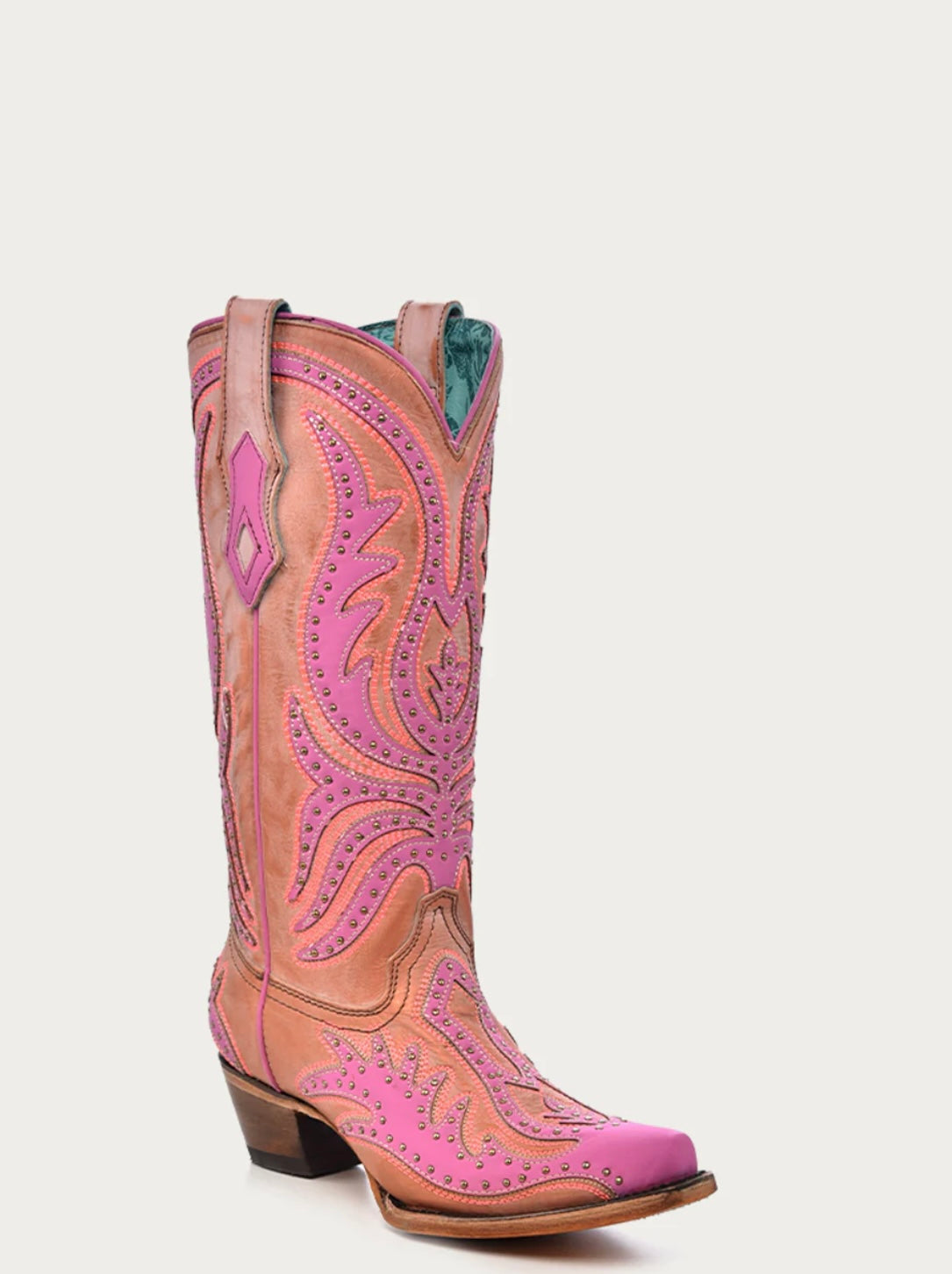 C3970 - WOMEN'S PINK FLOURESCENT EMBROIDERY AND STUDS SNIP TOE COWBOY BOOT