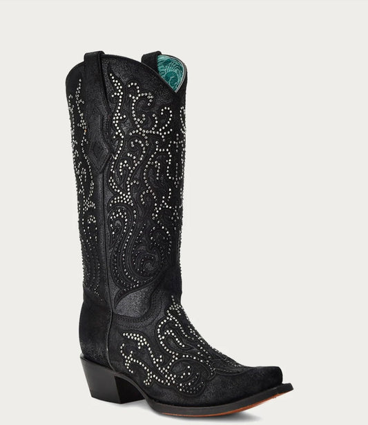 C4100 - WOMEN'S BLACK OVERLAY WITH CRYSTALS TALL TOP SNIP TOE COWBOY BOOT