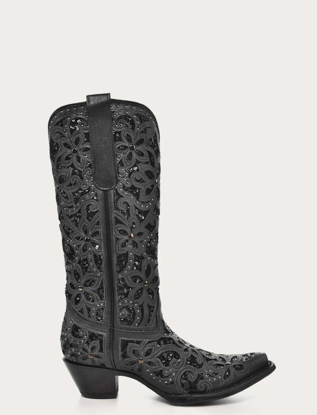 A3752 - WOMEN'S BLACK GLITTER INLAY FLORAL OVERLAY WITH CRYSTALS AND STUDS SNIP TOE BLACK COWBOY BOOT