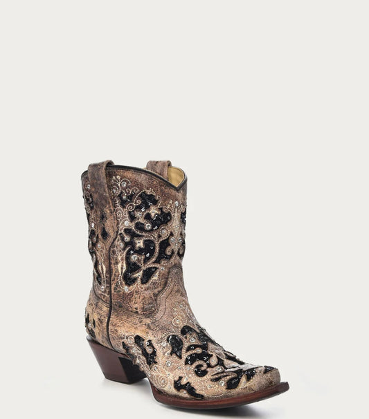 A4190 - WOMEN'S BLACK GLITTER INLAY FLORAL OVERLAY WITH CRYSTALS AND STUDS SNIP TOE BROWN ANKLE BOOT