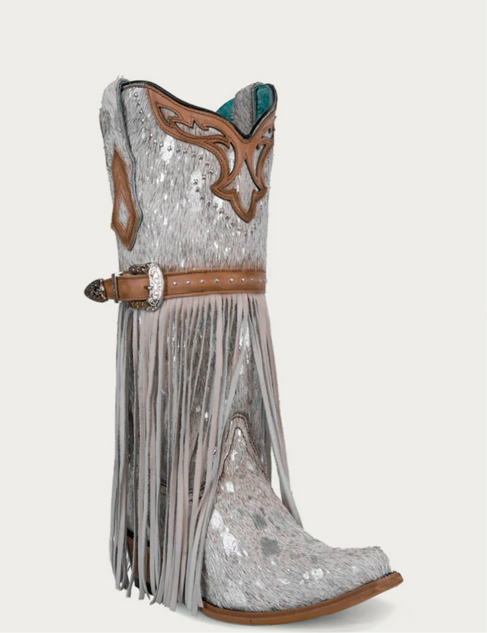 WOMENN’S LAMB FRINGE HARNESS AND STUDS SNIP TOE WHITE FUR COWBOY BOOT