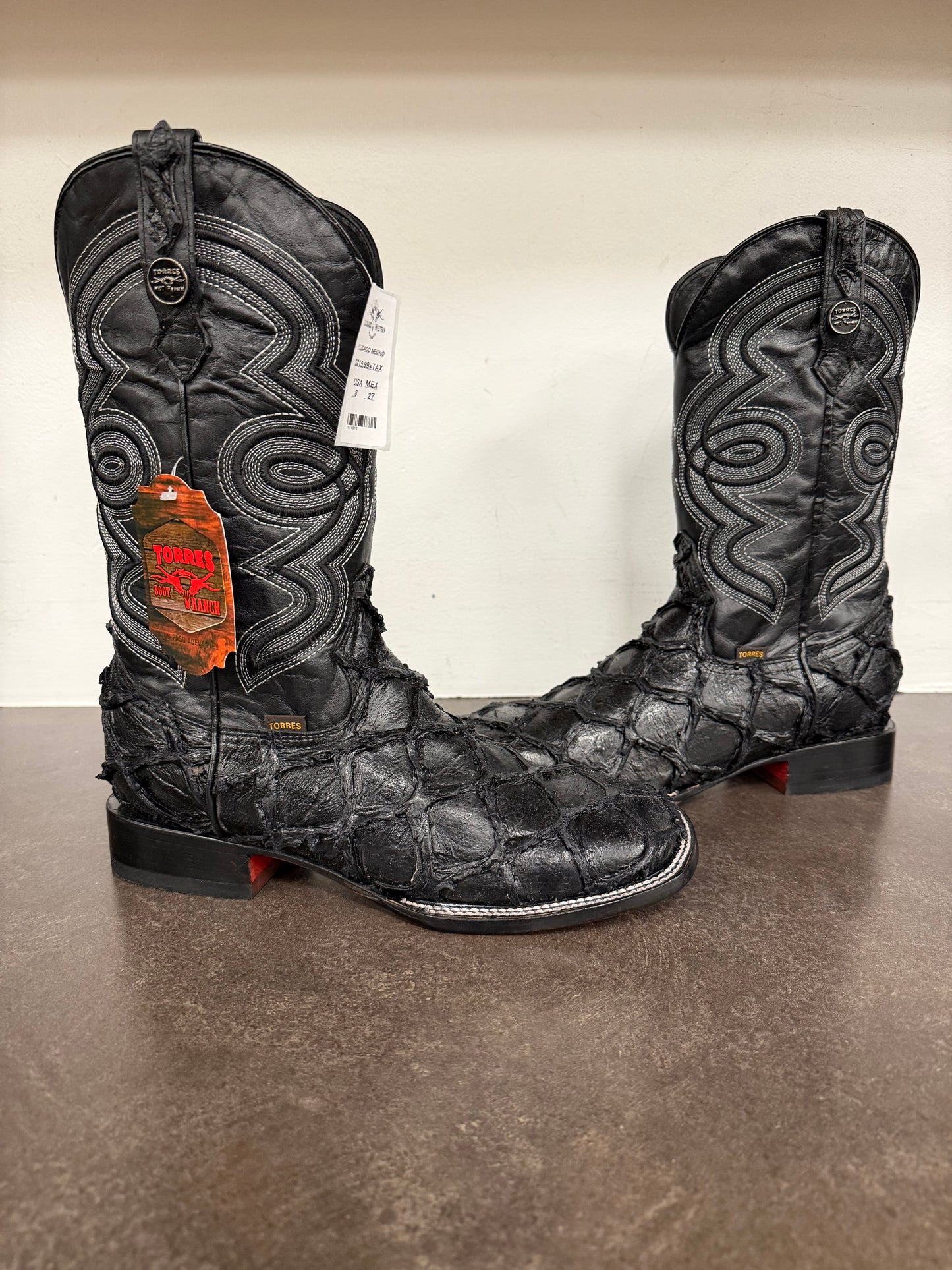 MIDNIGHT EMBER MATTE BLACK PIRARUCU LEATHER BOOT - SQAURE TOW
