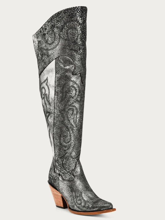 Z5245 - WOMEN'S OLD-SILVER METALLIZED EMBROIDERY SCRUNCHABLE TALL TOP POINTED TOE COWBOY BOOT