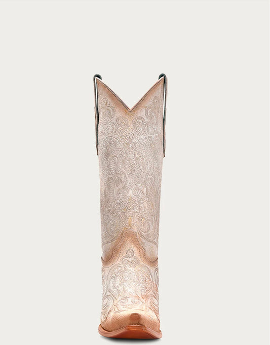 C4143 - WOMEN'S PINK LUMINESCENT EMBROIDERY CRACKLED STRAW SNIP TOE COWBOY BOOT